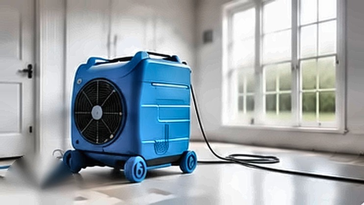 Blue air mover drying a bright room